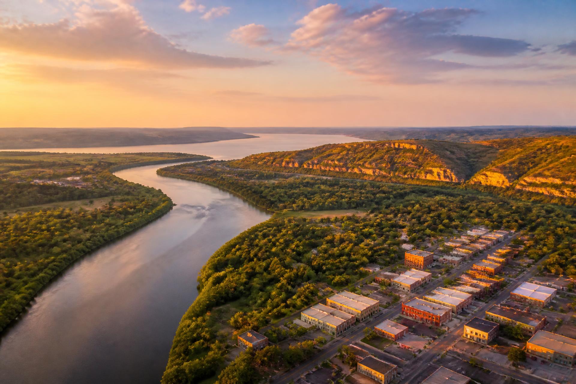 Aerial view of the Arkansas River flowing past Sand Springs, Oklahoma at sunset